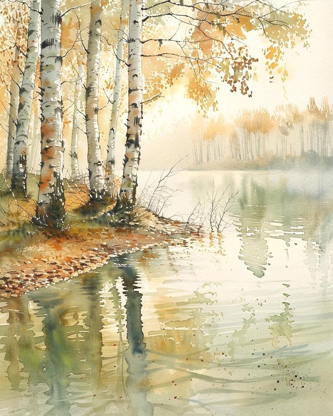 European Birch Forest Print – Watercolor Autumn Landscape Wall Art ...