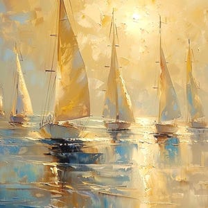 Könnte beinhalten: Ein Ölgemälde zeigt mehrere Segelboote auf dem Wasser unter einem hellen, goldenen Himmel. Die Boote haben weiße Segel und spiegeln sich im Wasser. Das Kunstwerk verwendet eine Palette aus Blau-, Gelb- und Weißtönen und schafft eine ruhige Meereslandschaft.