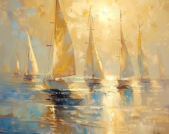 Morning Regatta Print – Golden Sailboat Wall Art, Abstract Ocean Painting, Segelboot Leinwand Druck