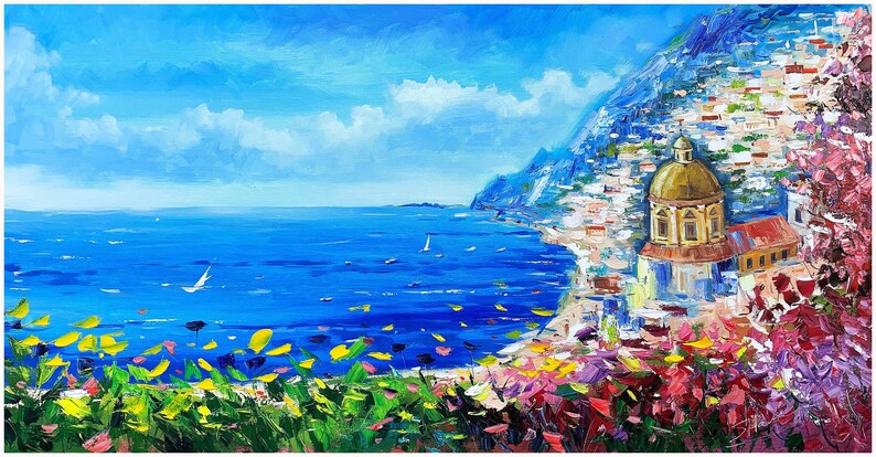May include: A painting of a colorful Italian coastal town with a church building, blue ocean, and a bright blue sky with white clouds. The scene is viewed from a hillside with flowers in the foreground.