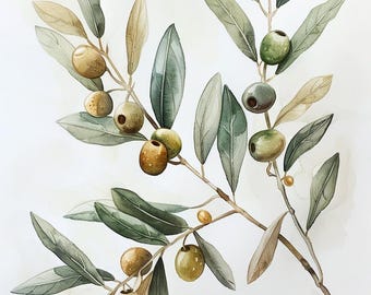 Olive Branch Watercolor Art – Mediterranean Botanical Wall Art Print