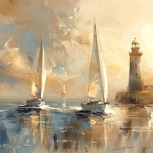 K&ouml;nnte beinhalten: Ein impressionistisches Gem&auml;lde einer Meereslandschaft mit zwei Segelbooten und einem Leuchtturm. Das Kunstwerk verwendet eine Palette aus Blau-, Creme- und Goldt&ouml;nen, um Meer und Himmel darzustellen, mit sichtbaren Pinselstrichen, die Textur erzeugen.
