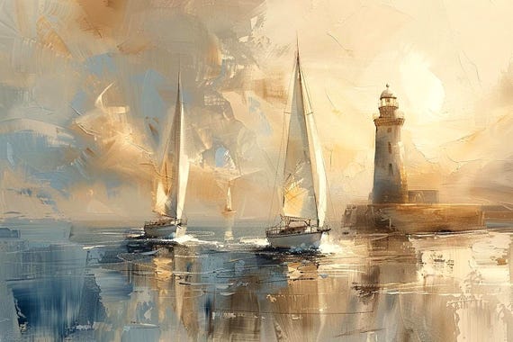 Sailboats and Lighthouse Print – Abstract Marine Wall Art, Segelboot Küste Druck