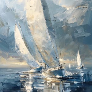 Könnte beinhalten: Ein Ölgemälde zeigt Segelboote, die auf stürmischer See segeln. Das Kunstwerk verwendet eine Palette aus Blau-, Weiß- und Cremetönen, um die Bewegung des Wassers und die wehenden Segel einzufangen. Die Pinselstriche sind dick und strukturiert und erzeugen ein dynamisches und energiegeladenes Gefühl.