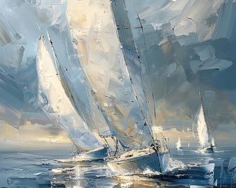 Abstract Sailboats Painting – Modern Nautical Regatta Art, Coastal Wall Decor Print