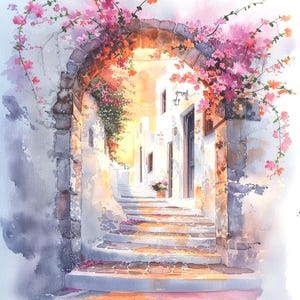 Impression de Santorin : aquarelle grecque, art de l'été méditerranéen