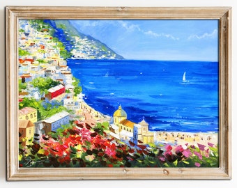 Positano Seascape Canvas Print, Italy Coastal View, Large Wall Art