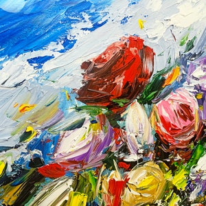 May include: A colorful abstract painting of flowers in shades of red, pink, purple, white, and yellow. The flowers are painted with thick brushstrokes and appear to be in a bouquet.