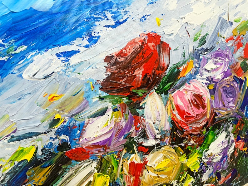 May include: A colorful abstract painting of flowers in shades of red, pink, purple, white, and yellow. The flowers are painted with thick brushstrokes and appear to be in a bouquet.