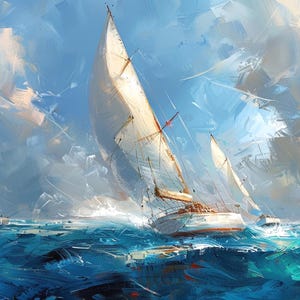 Könnte beinhalten: Ölgemälde von Segelbooten auf stürmischer See. Weiße Segel blähen sich im Wind, kontrastierend mit dem tiefblauen und türkisfarbenen Wasser. Der Himmel ist eine Mischung aus Blau und Weiß, was auf einen windigen Tag hindeutet.