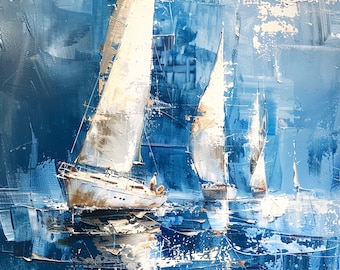 Abstract Sailboats Painting, Textured Palette Knife Art, Nautical Canvas