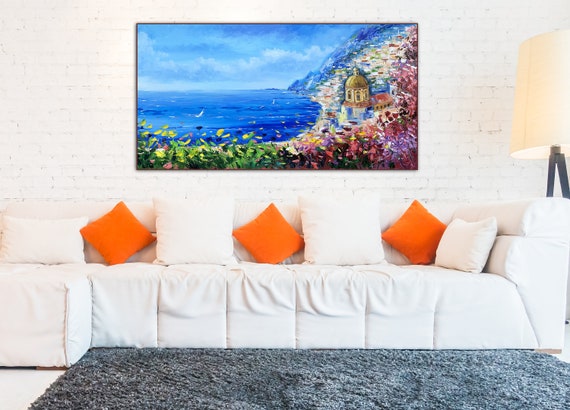 Positano Seascape Painting, Palette Knife Oil Painting, Italy