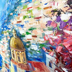 May include: A colorful oil painting depicting a cityscape with a large, golden-domed building in the foreground. The building is surrounded by colorful houses and a blue sky with white clouds. The painting is done in a loose, impressionistic style.