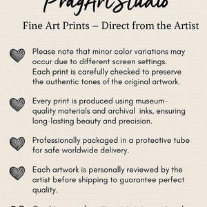K&ouml;nnte beinhalten: Text auf cremefarbenem Hintergrund: "PragArtStudio Fine Art Prints - Direct from the Artist." Der Text beschreibt die Qualit&auml;t der Drucke, die Verpackung und Sonderangebote. Mit Herz-Symbolen.