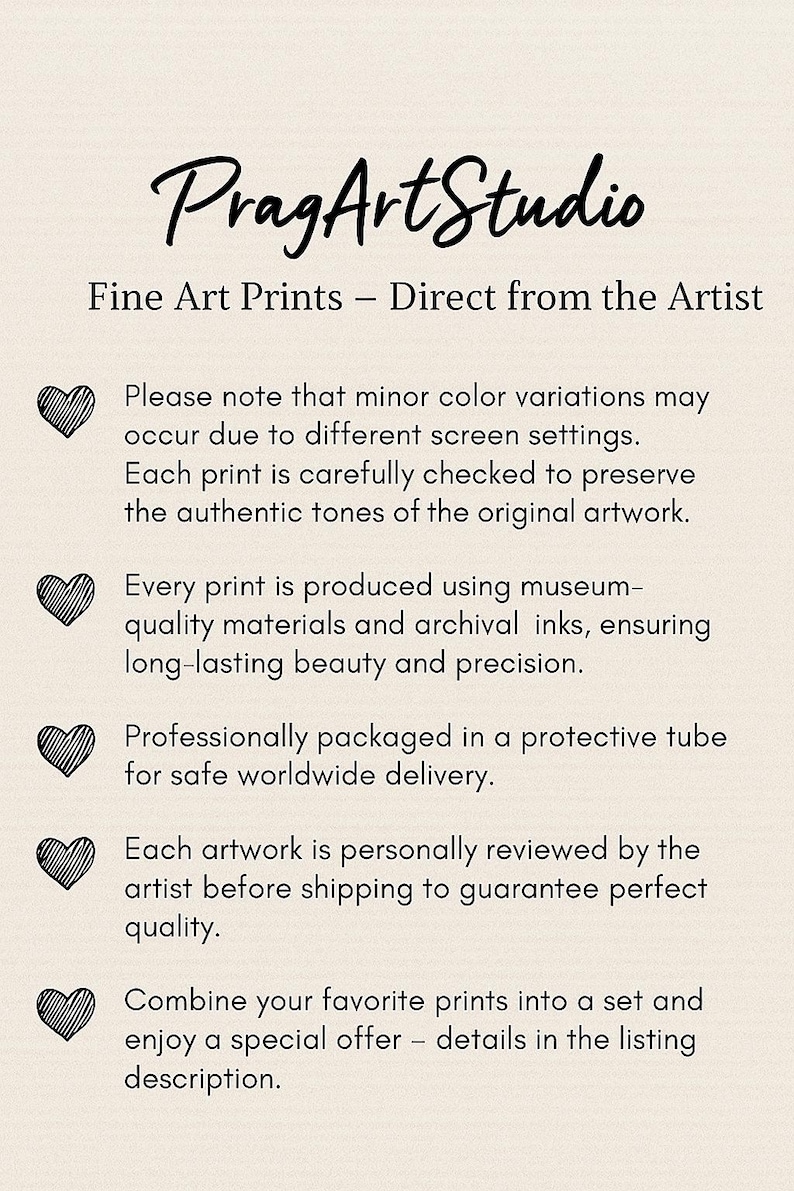 K&ouml;nnte beinhalten: Text auf cremefarbenem Hintergrund: "PragArtStudio Fine Art Prints - Direct from the Artist." Der Text beschreibt die Qualit&auml;t der Drucke, die Verpackung und Sonderangebote. Mit Herz-Symbolen.