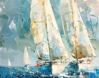Pode incluir: Uma pintura de dois veleiros num mar azul e branco. Os veleiros são brancos com detalhes castanhos e estão parcialmente ocultos pela água. O céu é azul claro com nuvens brancas.