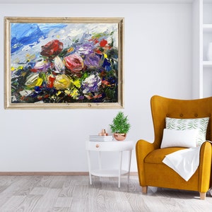 May include: A framed abstract painting of a colorful bouquet of flowers in shades of red, pink, purple, yellow, and blue. The flowers are painted with thick brushstrokes and appear to be in a field with a blue sky in the background.