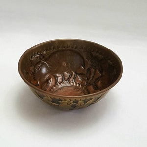 Vintage Indian Brass Bowl: Bird & Foliate Design, Mid 20th Century