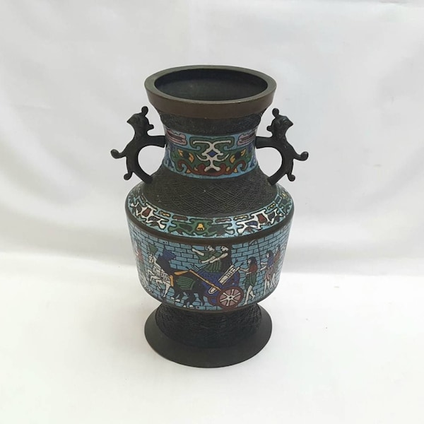 Vintage Japanese vase - a cast brass or bronze vase, with champleve enamel decoration featuring a chariot procession. Decorative use only.