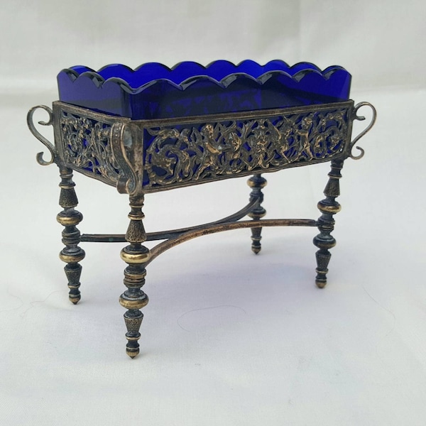 Victorian condiment dish - a very unusual & charming table condiment dish with cobalt blue glass liner in the manner of a planter stand.