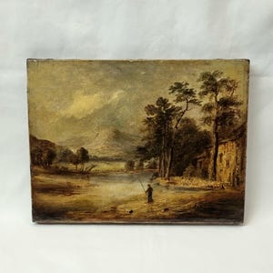 Charming antique 19th Century oil landscape painting on canvas, signed P. Naysmith. A scene with boy fishing in the manner of P. Nasmyth?