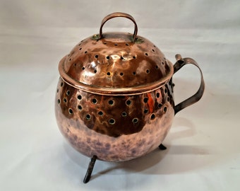 Pierced copper pot - a charming and unusual 19th Century antique pierced copper lidded vessel, ideal for pot pourri or use as a humidifier.