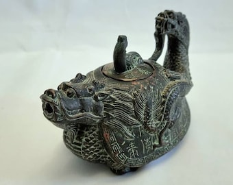 Antique Chinese censer - an late 20th Century repro solid bronze &#39;dragon-turtle&#39; censer or tea pot in the manner of a mythical sea creature.