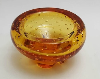 Vintage glass bowl - a mid 20th Century Whitefriars amber glass controlled bubble &#39;molar&#39; shaped bowl, design  number 9294, circa late 1950s
