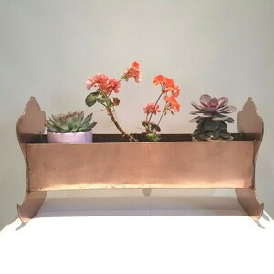 Antique Arts & Crafts copper jardiniere planter with unique crib shaped ends. Copper plant pot stand, narrow planter, gardenalia, gardening