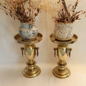 A large and heavy pair of antique Japanese brass two-part Usubata vases, inlaid with silver, copper & gold for ikebana flower arranging.
