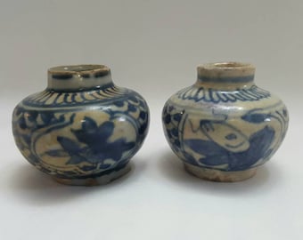 ベトナムの陶器　骨董品　珍しい品　15ー16世紀 陶器 青白 アンティーク 15-16世紀 壺 蓋 チューダウ ベトナム 美術品
