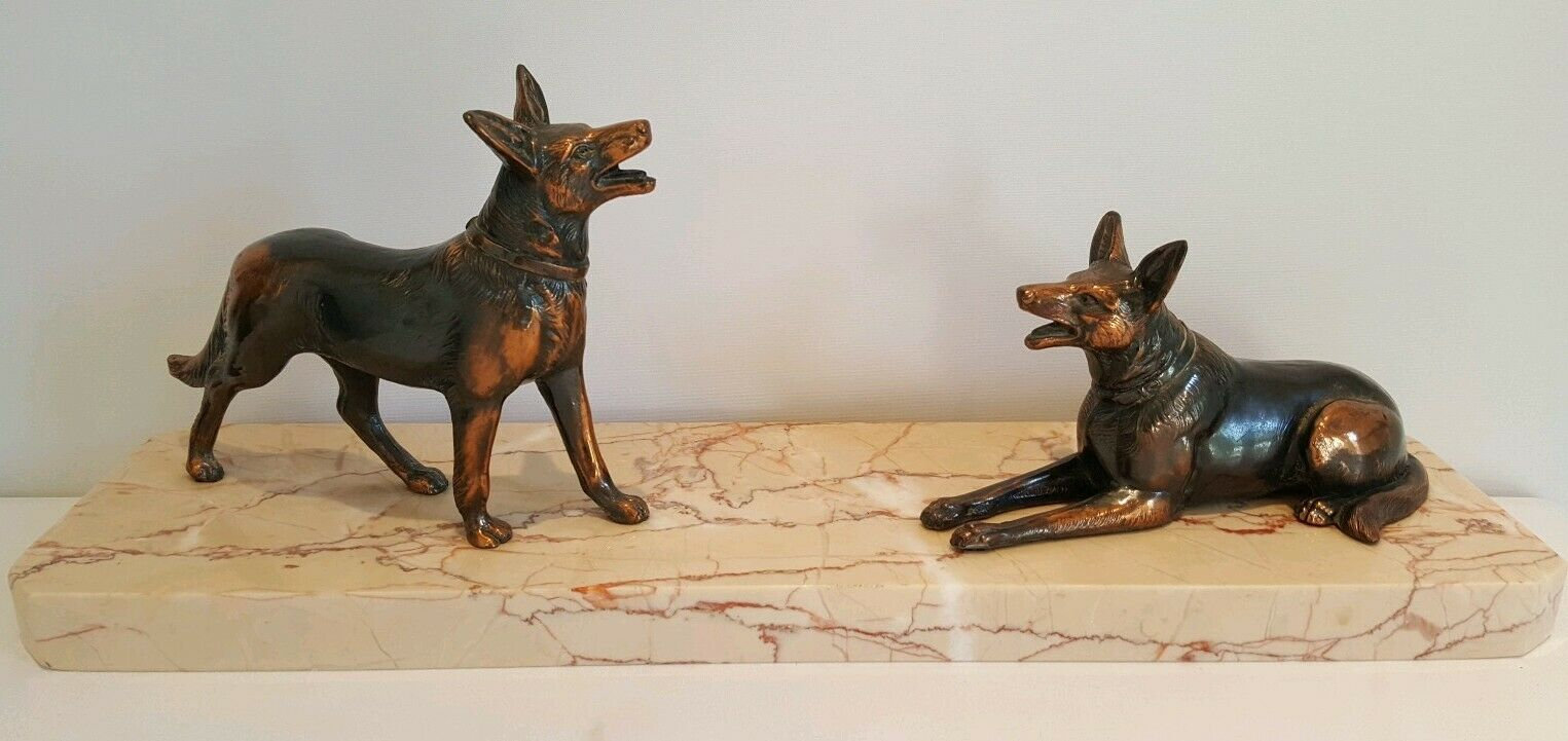 犬 イヌ 大理石 オブジェ ブロンズ 銅像 アールデコ 置物 重量約3.6kg 大理石の台座に置かれたアールデコ調の犬、ブロンズ調の犬のペア