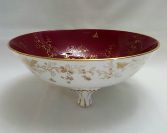 Vintage fruit bowl - a smart Coalport &#39;Cairo&#39; pattern maroon & white fruit bowl with gilt foliate detail, fine bone china, made in England.