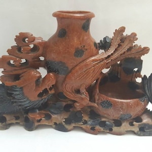 Vintage soapstone vase, an attractive Japanese or Chinese carved soapstone decorative scene with vase and bowl, Far Eastern carved dragon