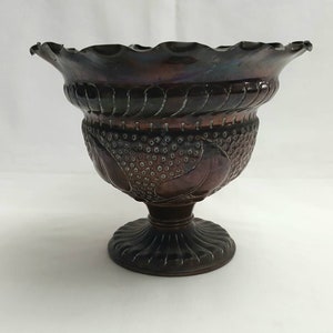 Antique copper jardiniere - an Edwardian Art Nouveau antique copper pedestal planter with repousse and punched & etched decoration.
