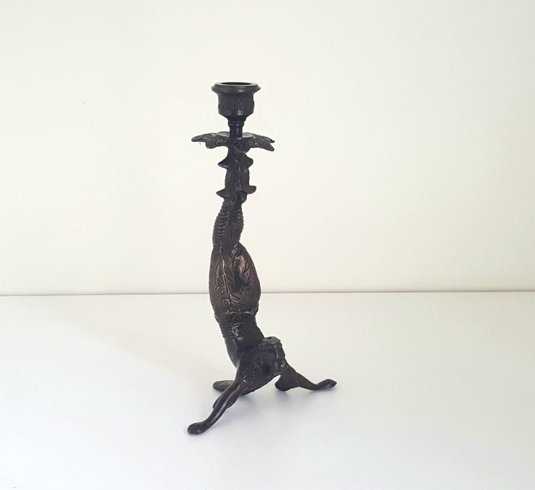 Vintage Bronze Candlestick a Mid 20th Century Far Eastern Chinese Bronze Figural Candle Holder