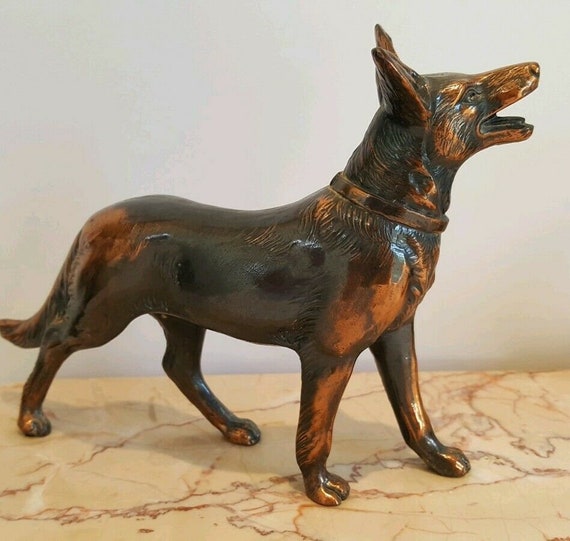 Art Deco dogs on marble plinth, bronze style pair of dogs, Malinois. 1930's decorative ornament, bronzed metal dogs, German shepherd dogs