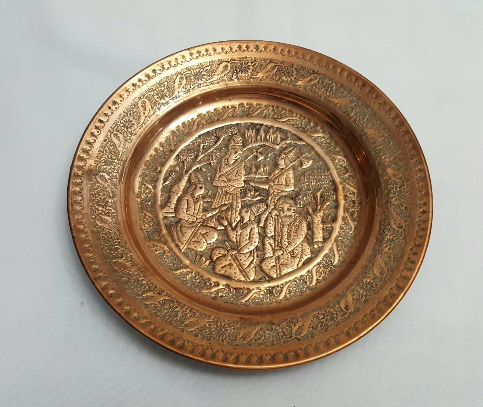 Vintage Hand Stamped Repousse Copper Plate 11 Diameter with Bird Designs,  Possibly Egyptian Made