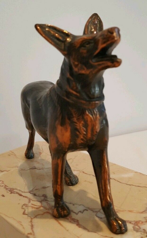 犬 イヌ 大理石 オブジェ ブロンズ 銅像 アールデコ 置物 重量約3.6kg 大理石の台座に置かれたアールデコ調の犬、ブロンズ調の犬のペア