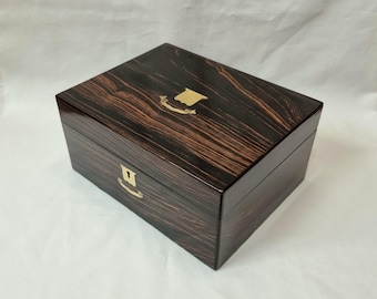 Antique trinket box - a large 11" coromandel wood trinket or jewellery box with attractive grain and lovely green coloured velvet interior.
