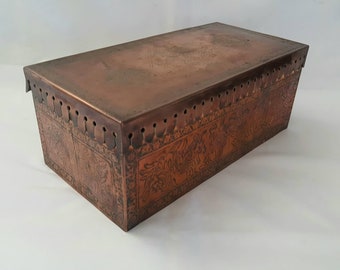 Antique Indian copper box - an unusual large rectangular etched copper lidded box from Southeast Asia, with tinned interior, of useful size.