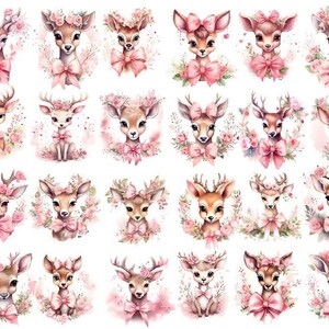 Aquarell rosa Blumen Hirsch Clipart, Aquarell niedliche Hirsch Png, süßes Reh mit rosa Schleife Clipart, Aquarell Kinderzimmer Waldtiere Png