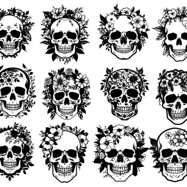 Tête de mort SVG, Svg tête de mort florale, Clipart tête de mort florale, tête de mort floral coupe fichiers, vecteur de tête de mort, tête de mort SVG Bundle