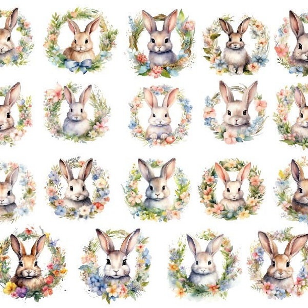 Watercolor Easter Bunny Wreath, Easter Bunny Wreath Clipart,  Cute Spring Bunny Png, Easter Design Png, Easter Clipart