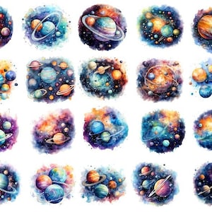 Clipart di pianeti ad acquerello, Png di pianeti colorati, Clipart di galassia fantasy, Png di spazio ad acquerello, Spazio esterno ad acquerello e Galassia