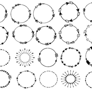 May include: Set of 20 black and white arrow circle frames. The frames are made of simple lines and arrows, and are perfect for adding a touch of boho style to your designs.