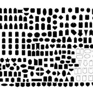 May include: A large collection of black silhouette tag shapes, including circles, squares, stars, hearts, and more. The tags are arranged in rows and columns, with a variety of sizes and styles.