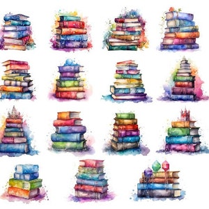 May include: A collection of 16 watercolor illustrations of stacks of colorful books. Each stack is painted with a unique watercolor background, including splashes of blue, green, purple, and yellow.