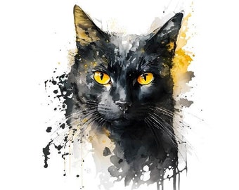 Svart katt akvarell png, svart katt clipart, akvarell svart katt png, svart katt png