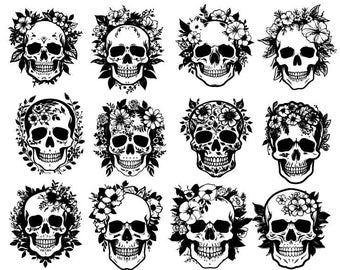 May include: Ten black and white illustrations of skulls with floral wreaths. Each skull has a different floral design.